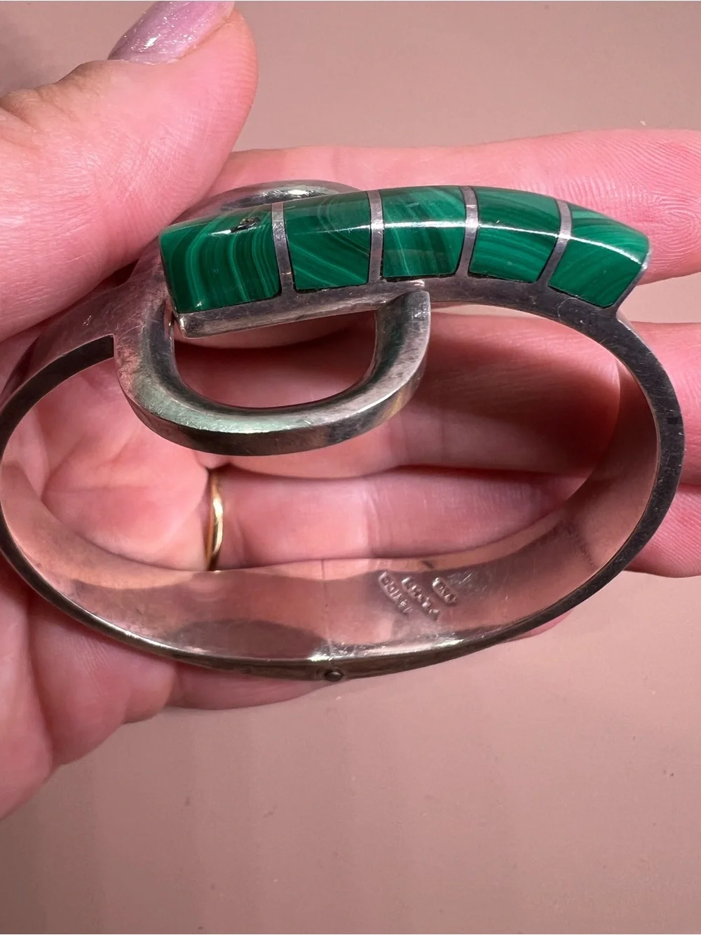 950 Silver Cuff Bracelet with Green Malachite Inlay